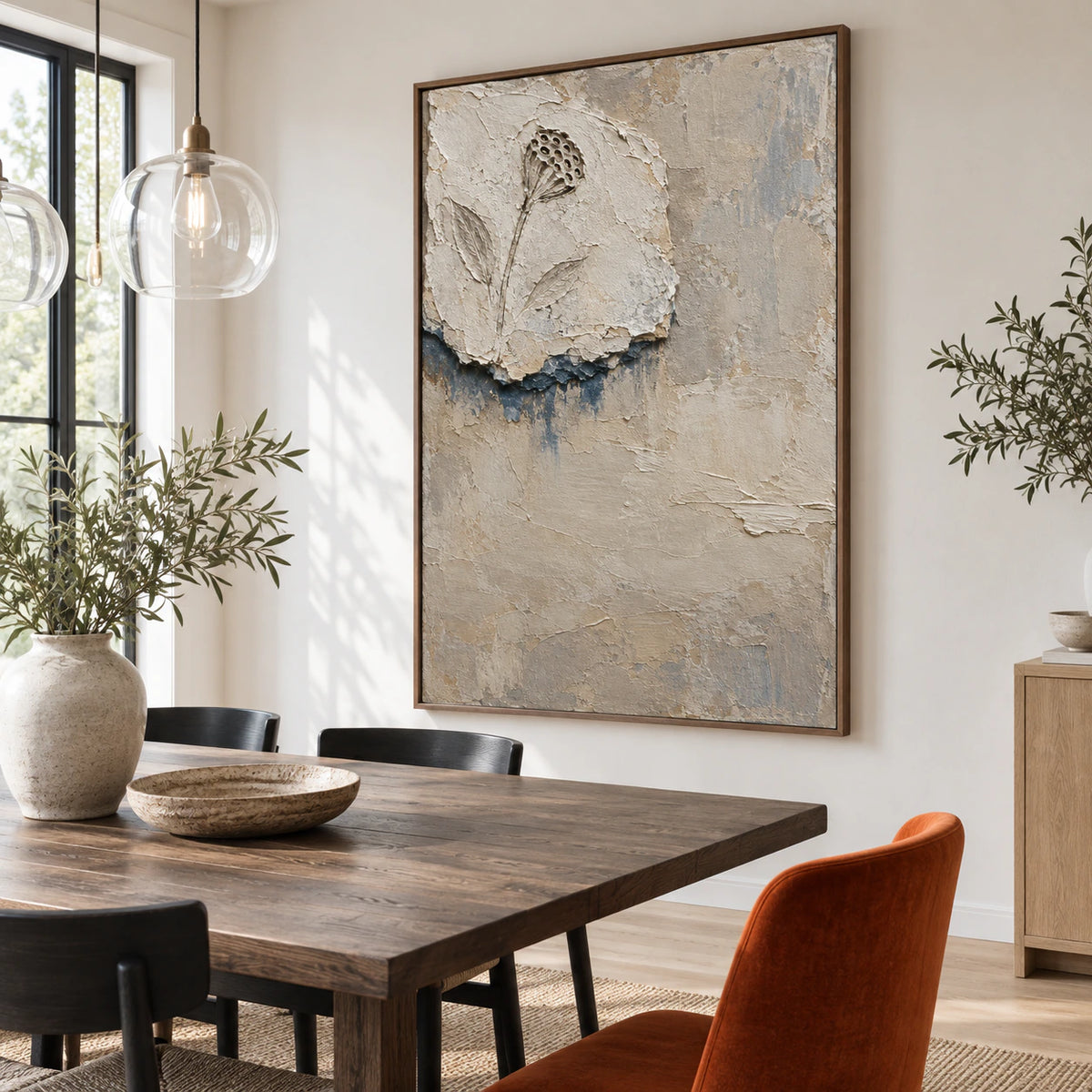 Weathered-Bloom as the focal point of a refined daylight dining room.