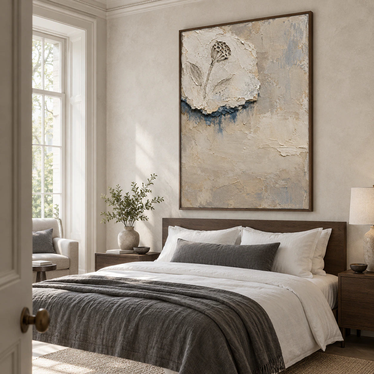 Weathered-Bloom above a quiet, softly lit bedroom setting.