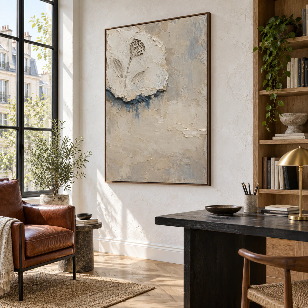 Weathered-Bloom in an airy reading and home-office space with natural daylight.