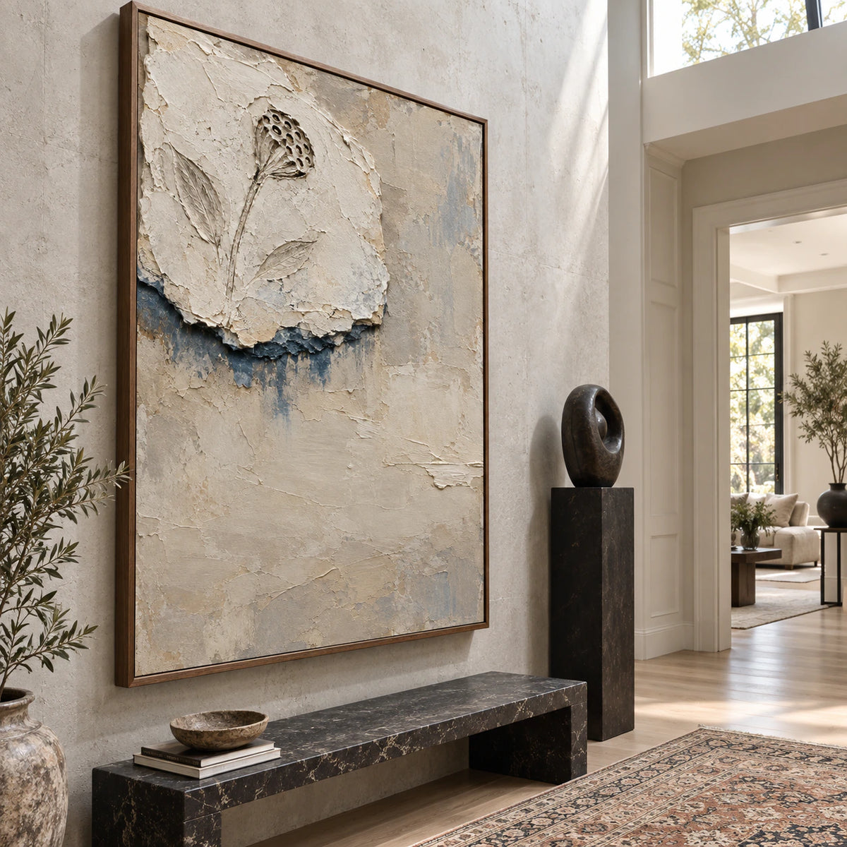 Weathered-Bloom at gallery scale in a bright sculptural foyer.