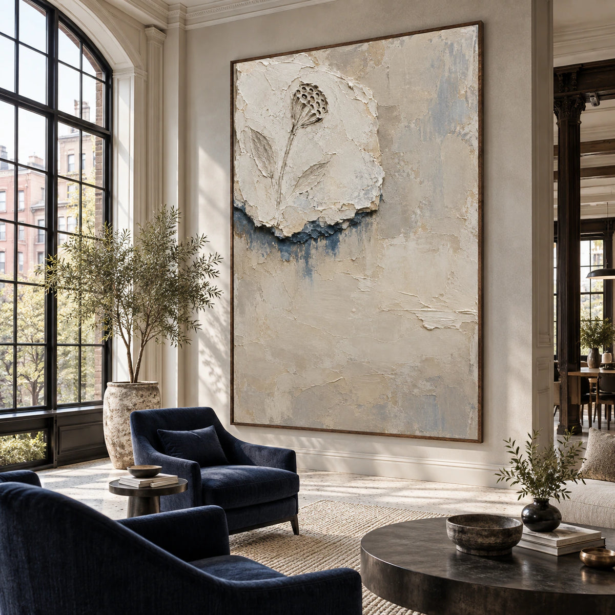 Weathered-Bloom as a large-scale focal artwork in an expansive loft hospitality interior.