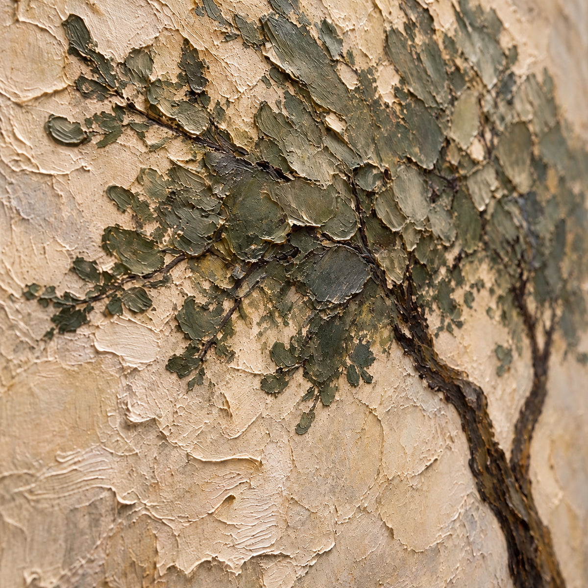 Weathered-Canopy oil painting brushwork and impasto detail photographed from an oblique side angle