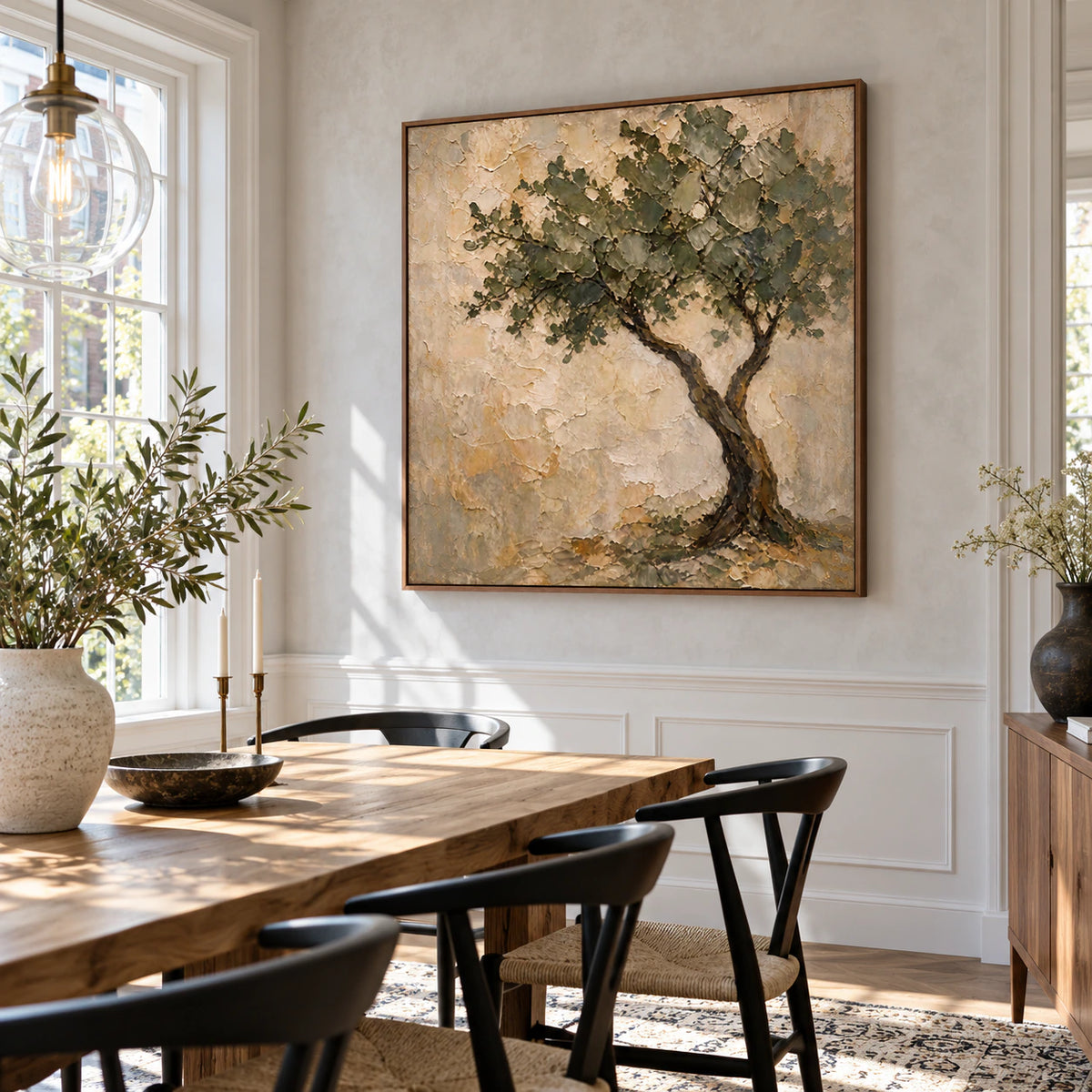 Weathered-Canopy as the focal artwork in a refined daylight dining room.