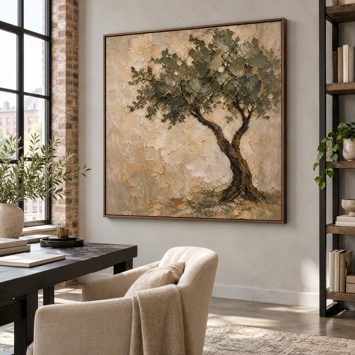 Weathered-Canopy anchoring an airy reading and home office space.