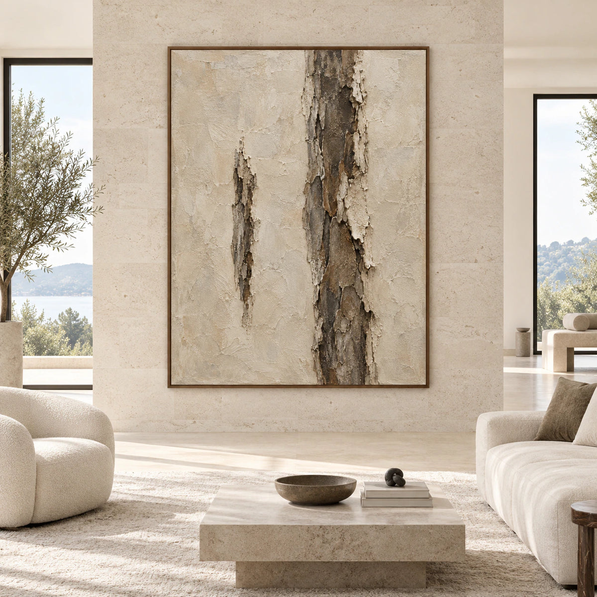 Large vertical Weathered-Column artwork shown straight-on in a spacious daylight-filled interior.