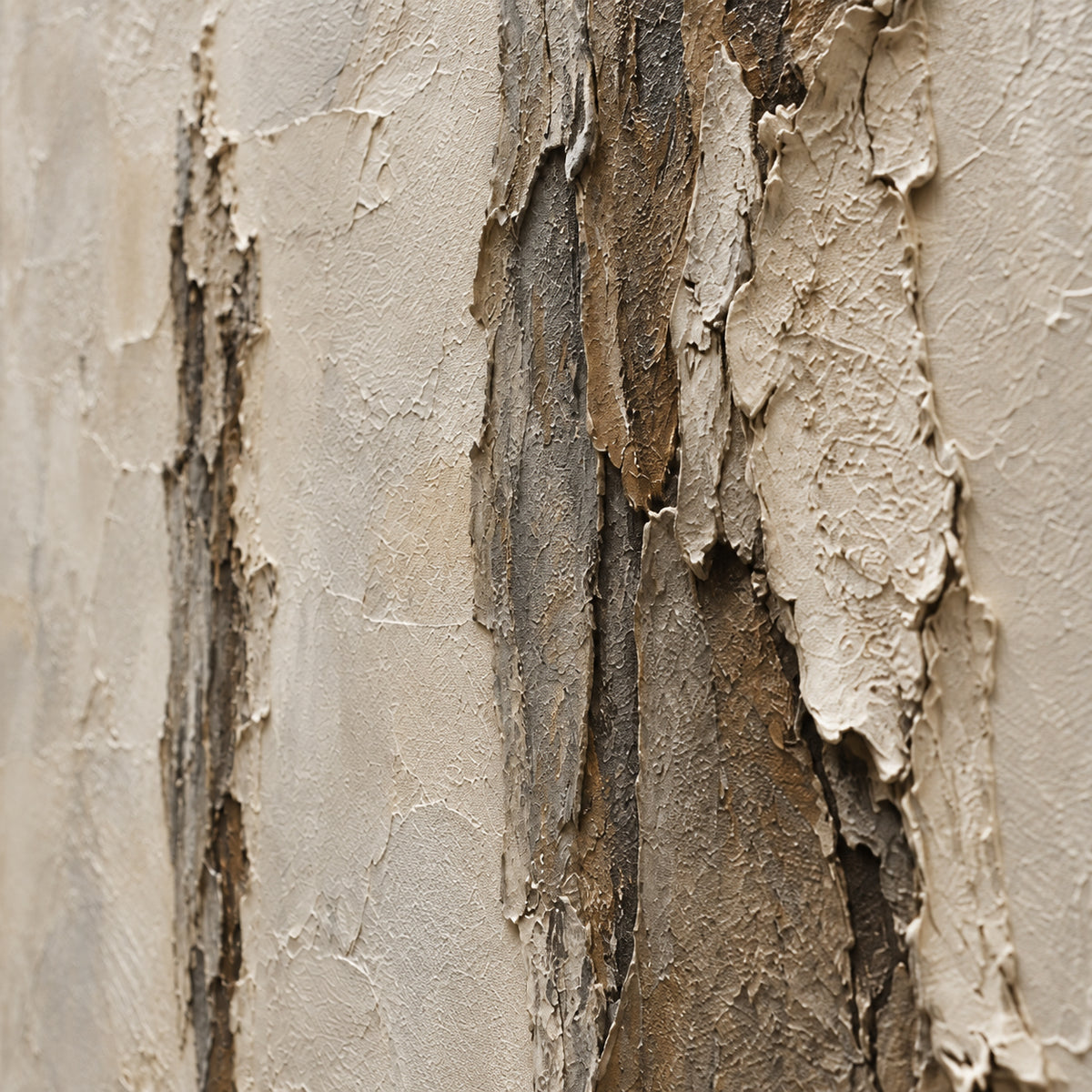 Weathered-Column oil painting brushwork and impasto detail photographed from an oblique side angle