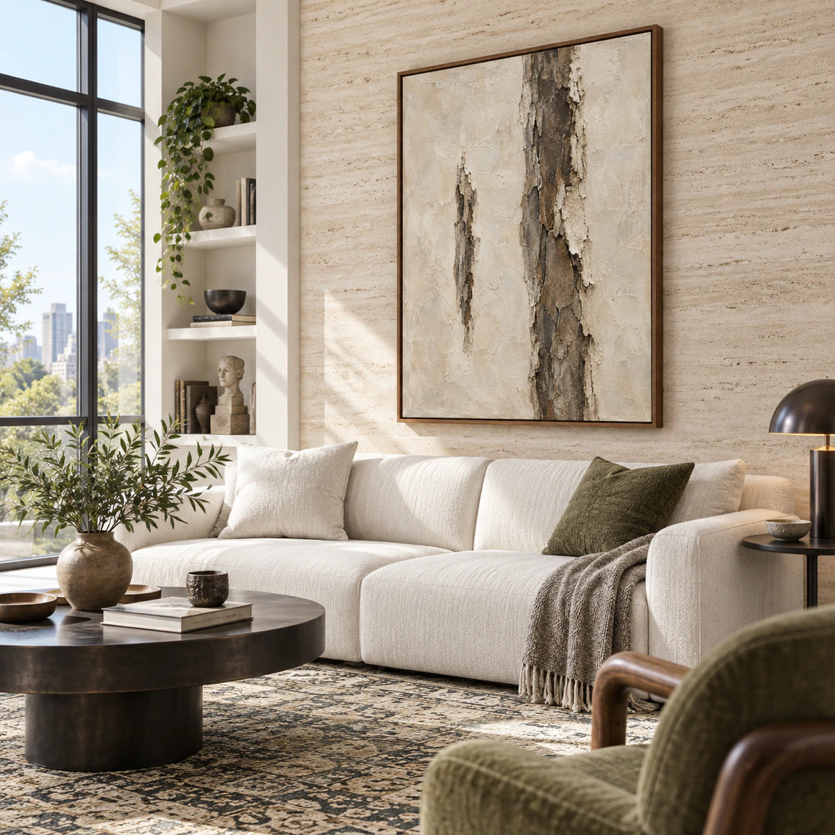 Weathered-Column as the focal point in a bright contemporary living room.