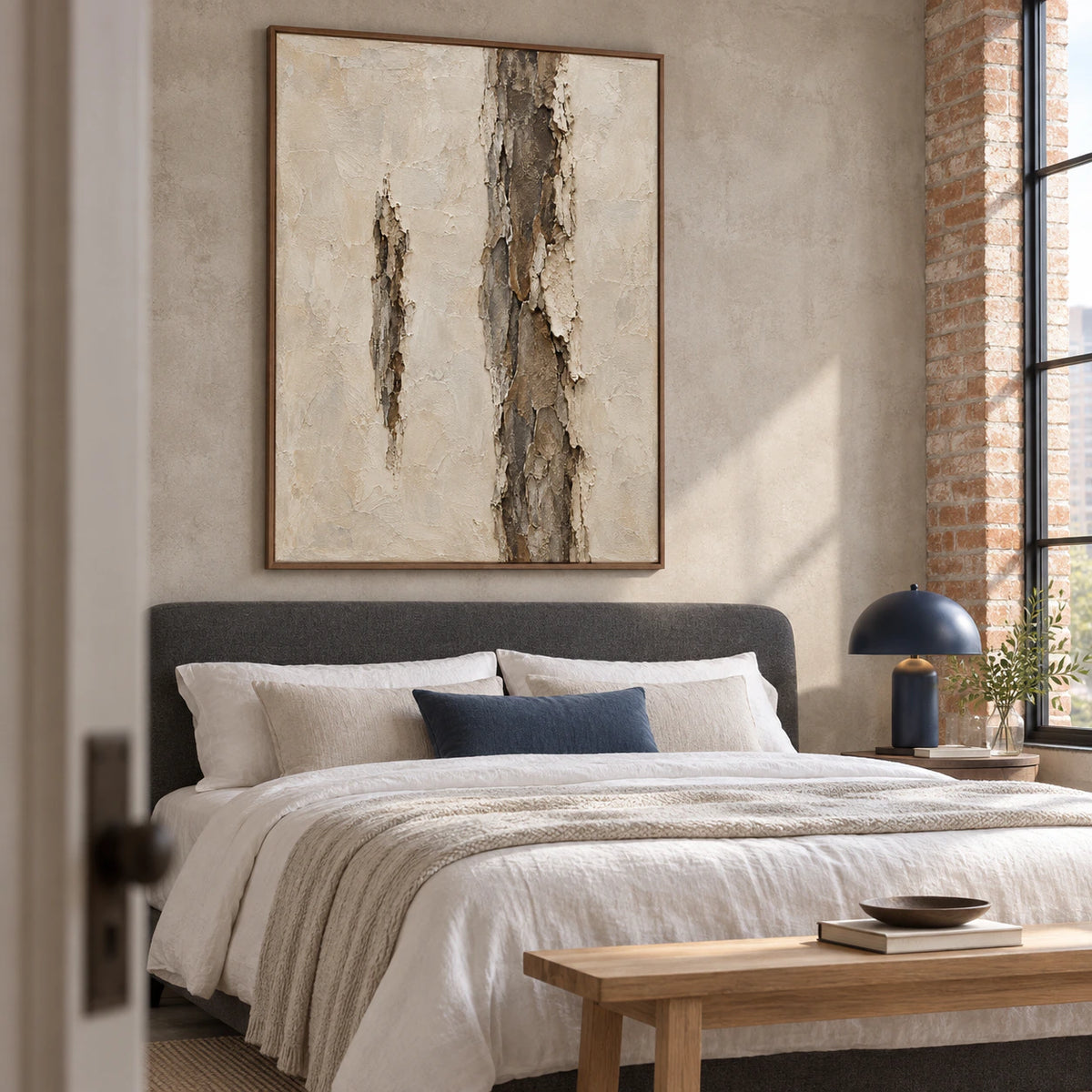 Weathered-Column anchoring a quiet, softly lit bedroom.