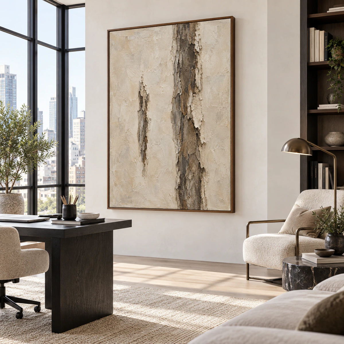 Weathered-Column in an airy home office reading space.