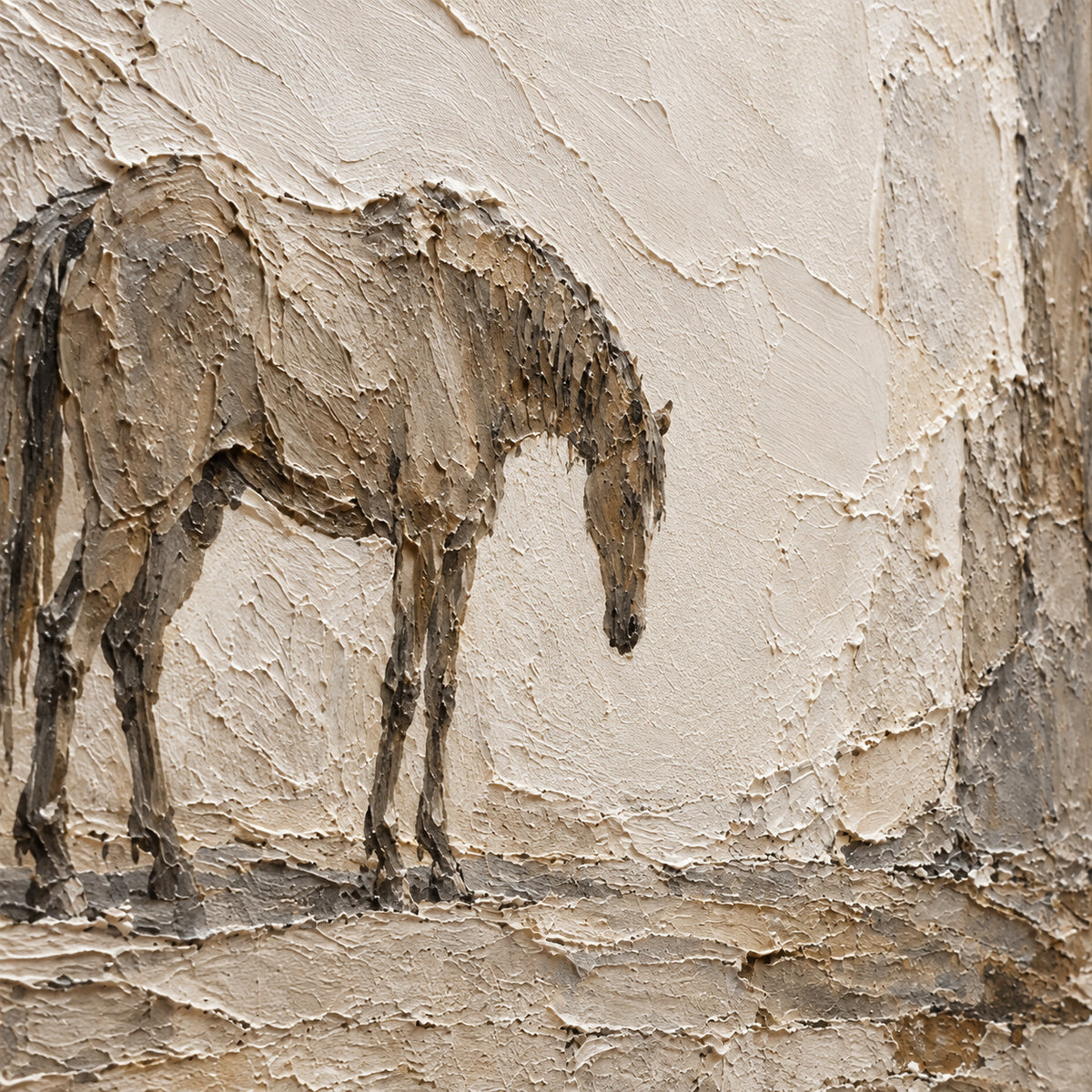Weathered-Companion oil painting brushwork and impasto detail photographed from an oblique side angle