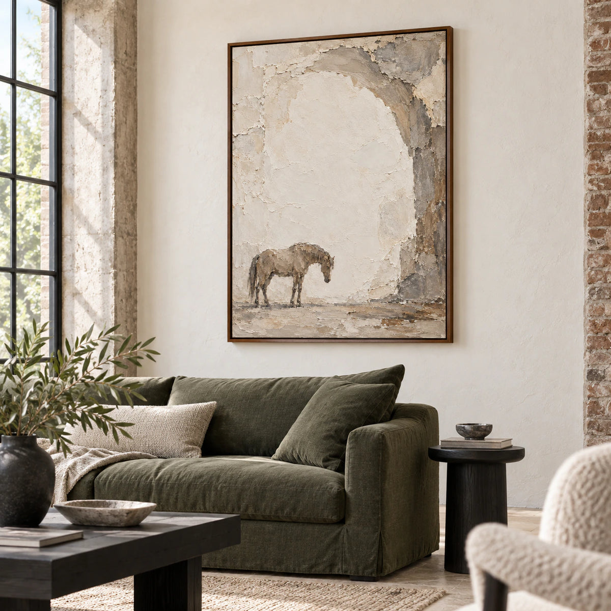Weathered-Companion as a large focal artwork in a bright contemporary living room.