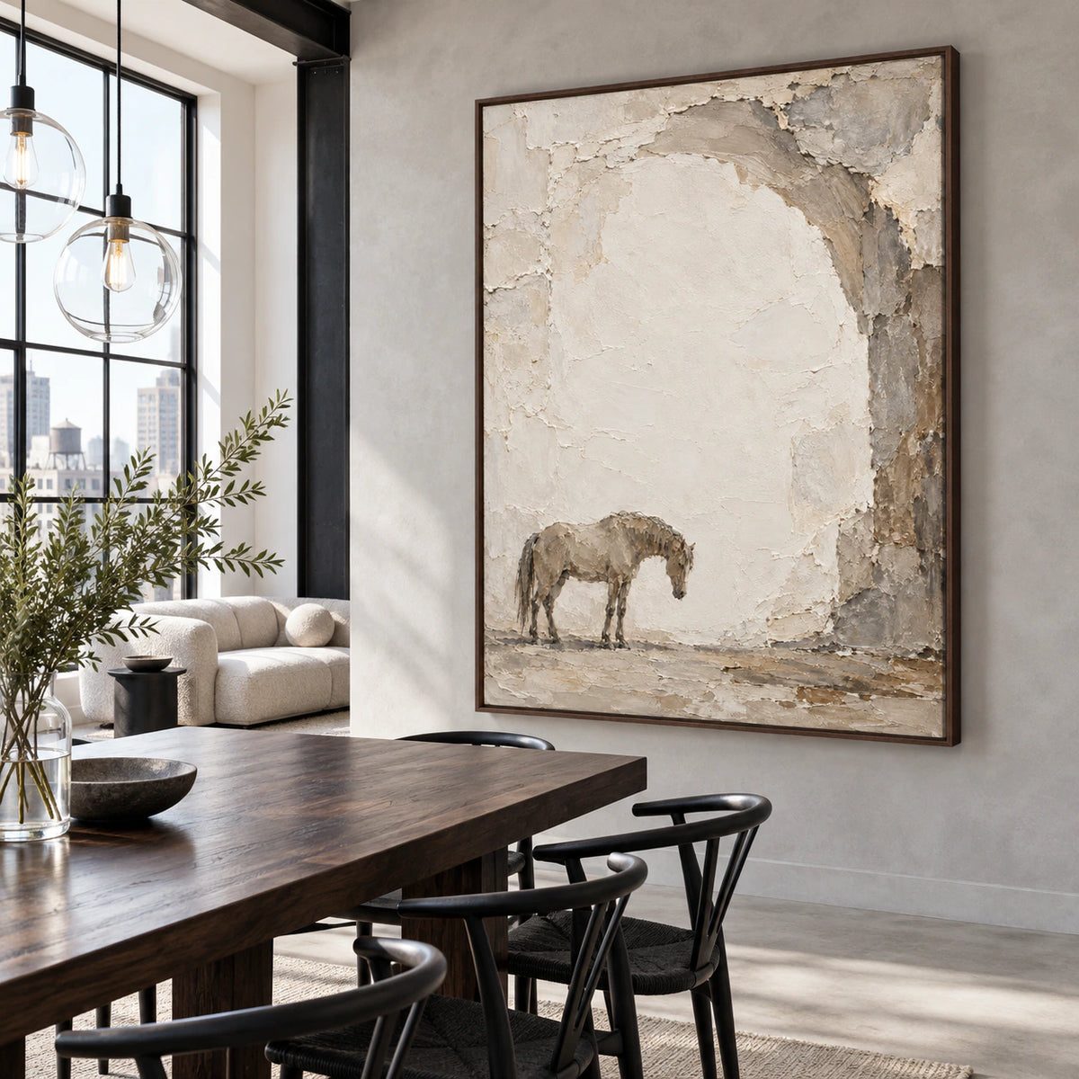 Weathered-Companion displayed above a refined dining setting in a daylight-filled room.