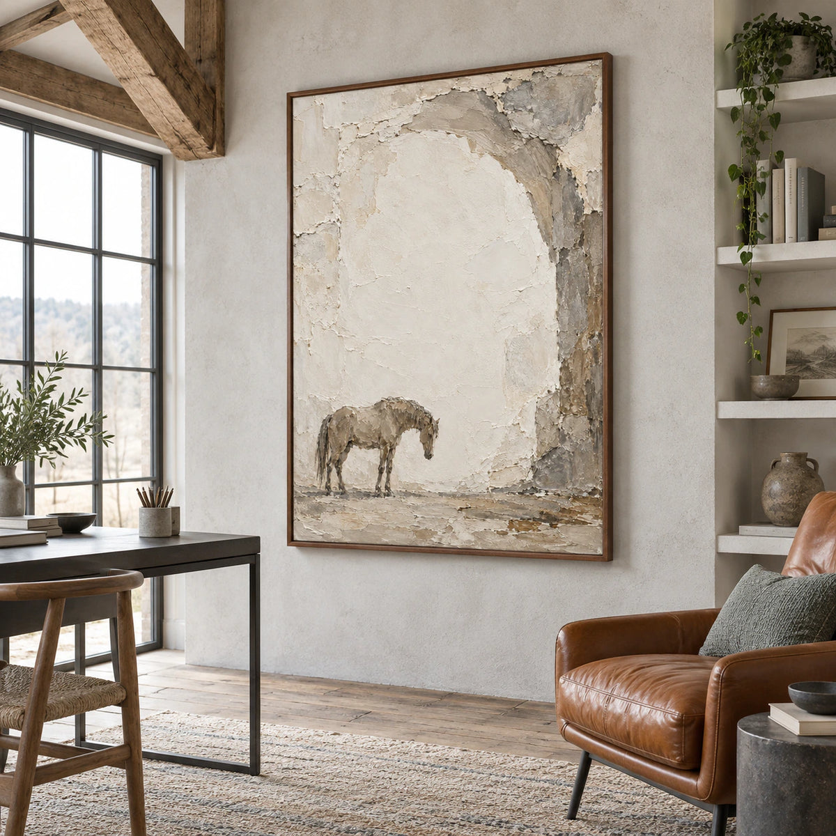 Weathered-Companion as the focal artwork in an airy home office reading space.