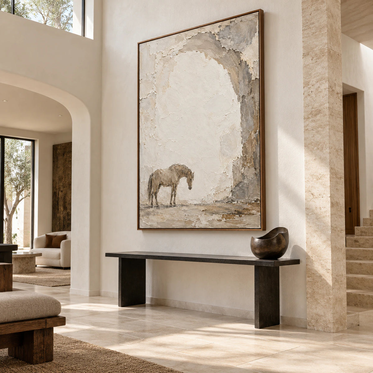 Weathered-Companion displayed at gallery scale in a bright sculptural foyer.