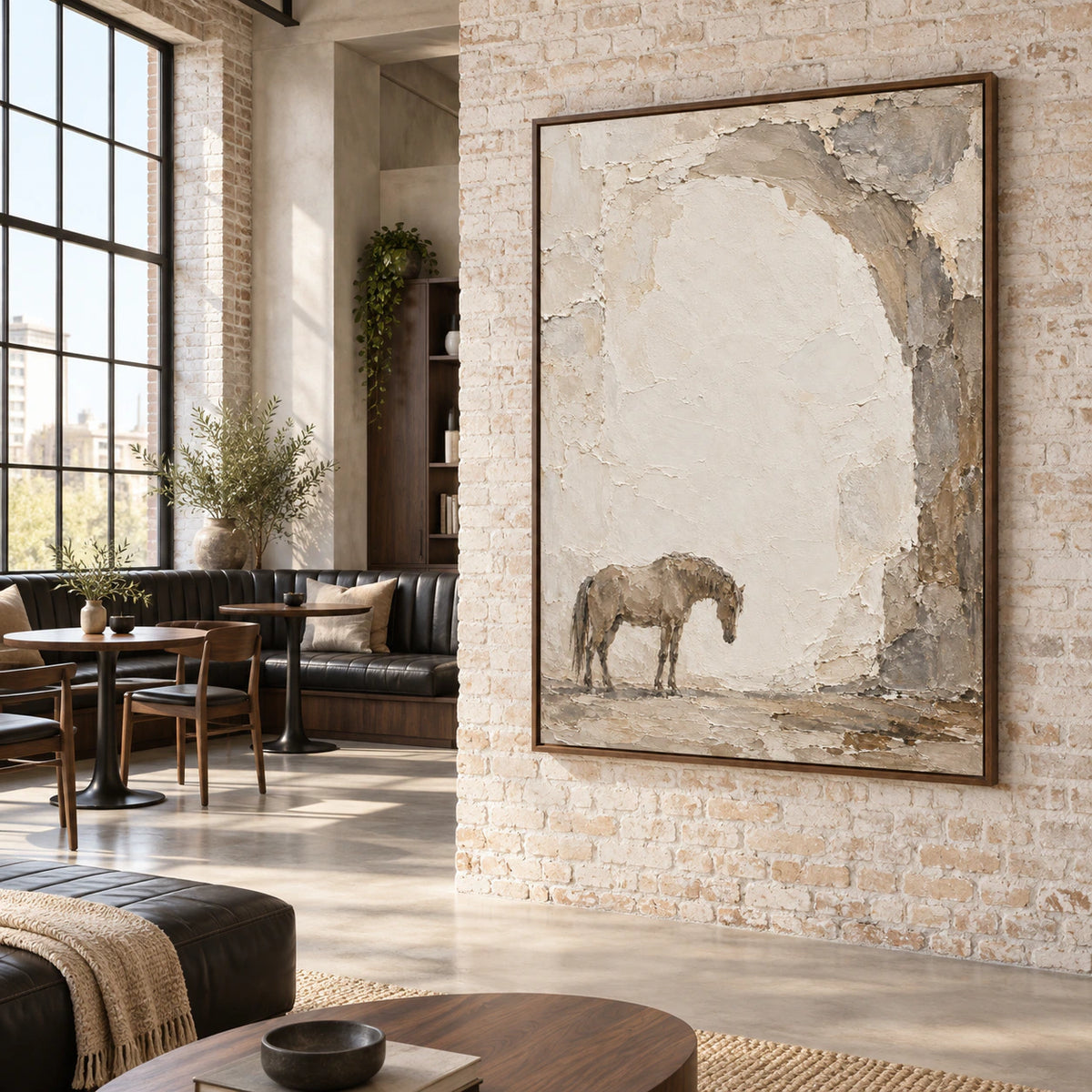 Weathered-Companion as a large focal artwork in an open hospitality loft interior.