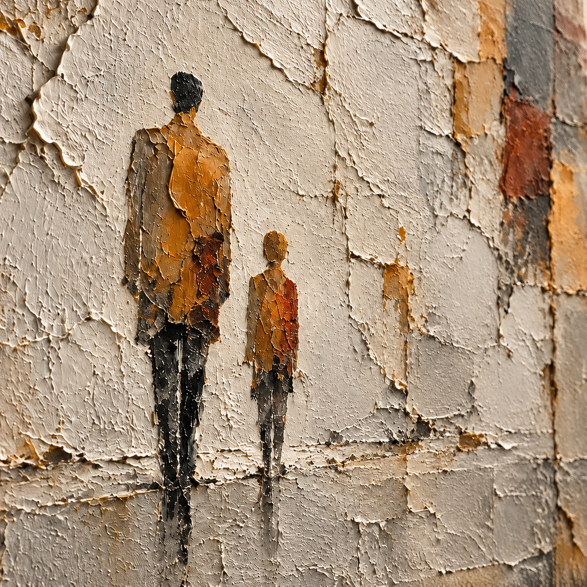 Weathered-Companions oil painting brushwork and impasto detail photographed from an oblique side angle