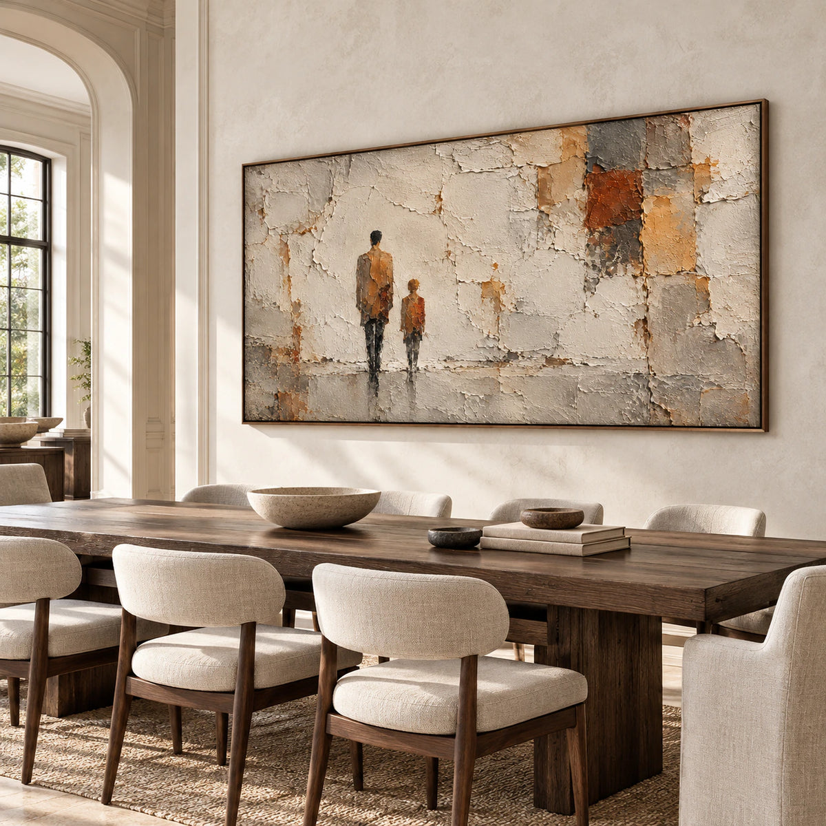 Horizontal textured painting of two figures against broken plaster above a long dark wood dining table in a refined, daylight-filled dining room.