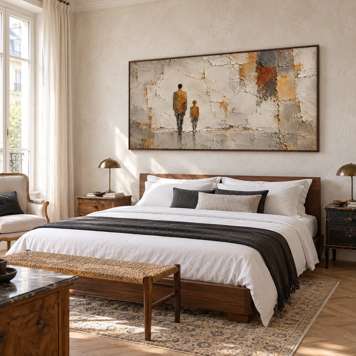 Large painting of two ochre figures and weathered ivory relief above a low walnut bed in a quiet, softly lit bedroom.