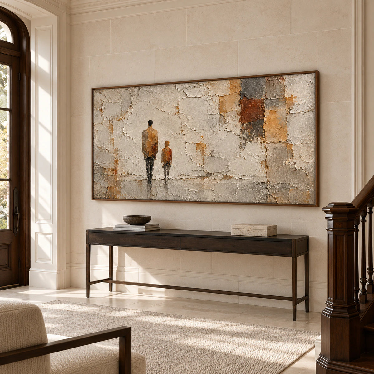 Oversized horizontal painting of two small figures and layered plaster relief anchors a bright, gallery-scale foyer with pale stone walls.