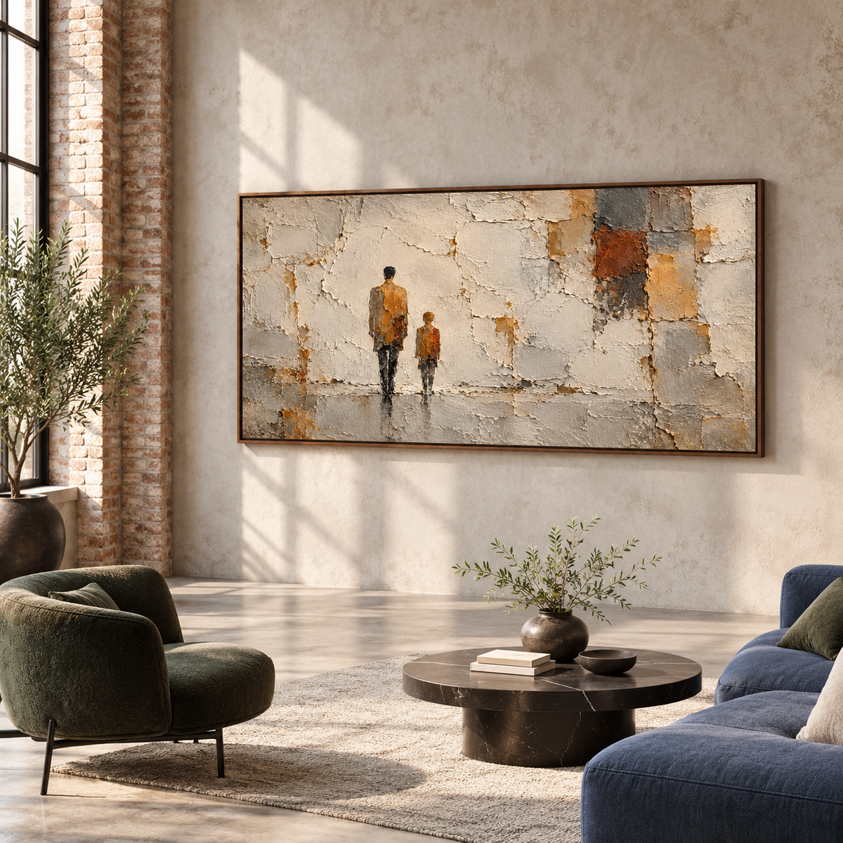 Large horizontal painting of two figures against broken plaster dominates an expansive loft interior with high ceilings, concrete architecture, and clear daylight.
