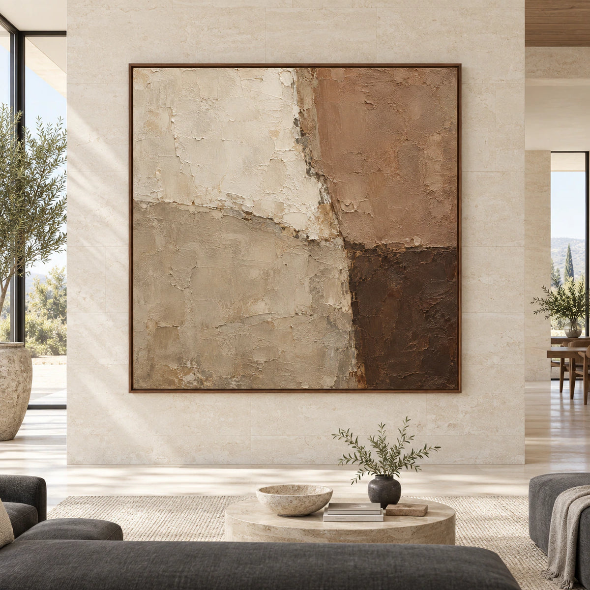 Large square earth-toned textured abstract artwork displayed straight-on in a spacious architectural interior.