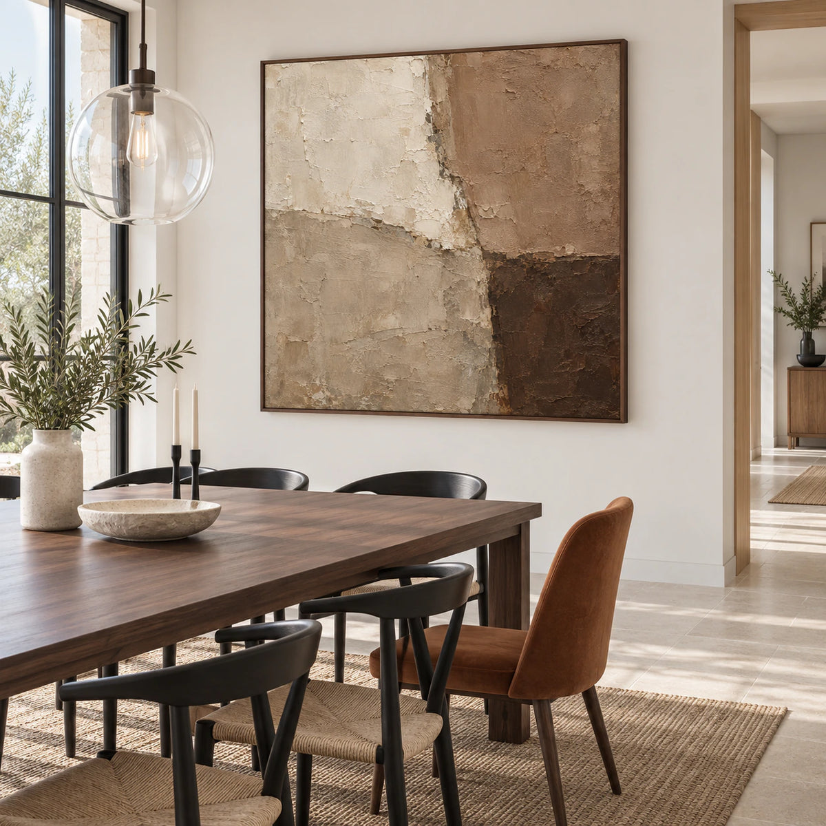 Square abstract painting anchoring a refined daylight dining room.