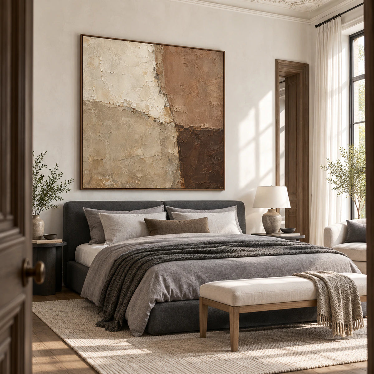Textured square artwork above a low bed in a quiet, light-filled bedroom.