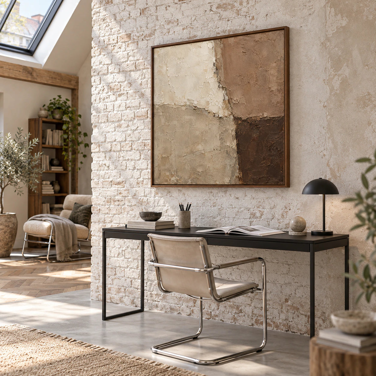 Earth-toned square artwork in an airy reading and home-office setting.