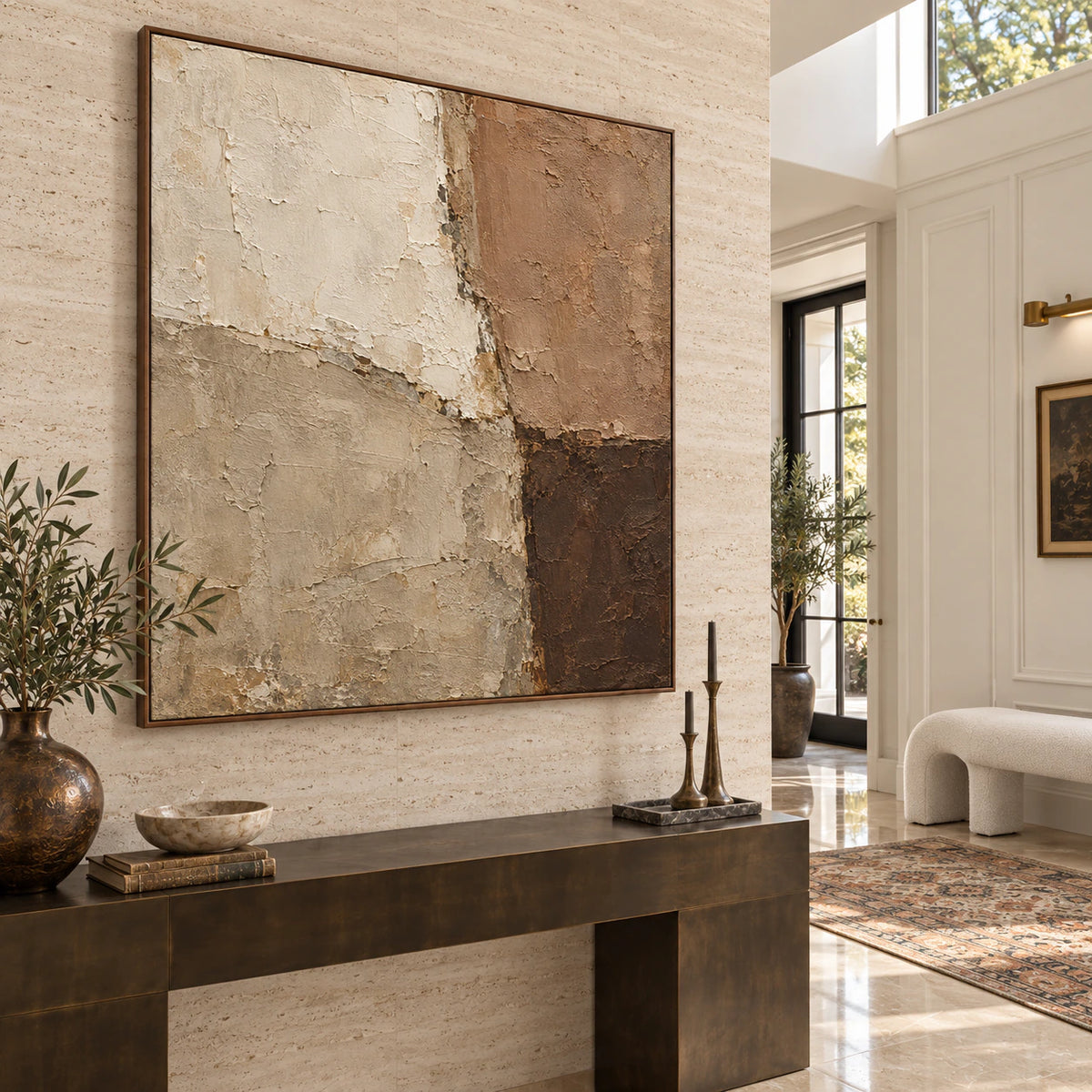Large square textured artwork featured in a gallery-scale foyer.