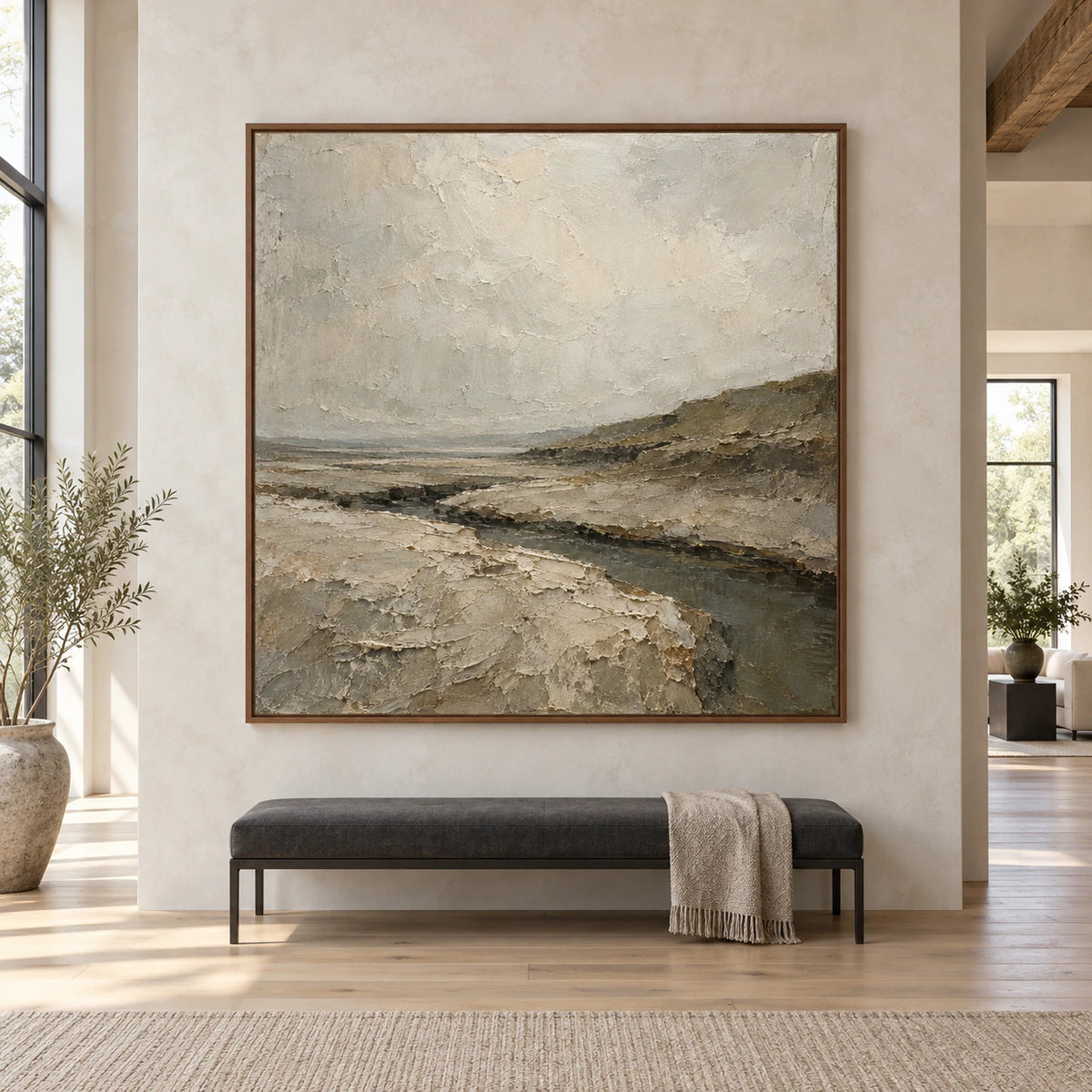 Large textured abstract estuary painting shown straight-on in a spacious daylight-filled interior.