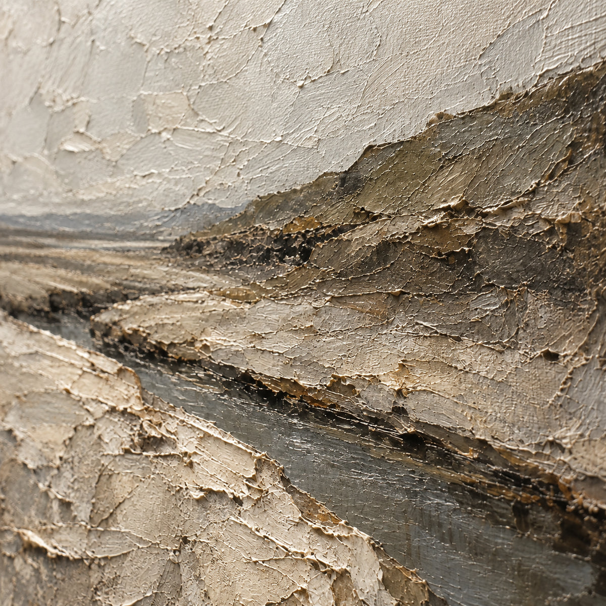 Weathered-Estuary oil painting brushwork and impasto detail photographed from an oblique side angle