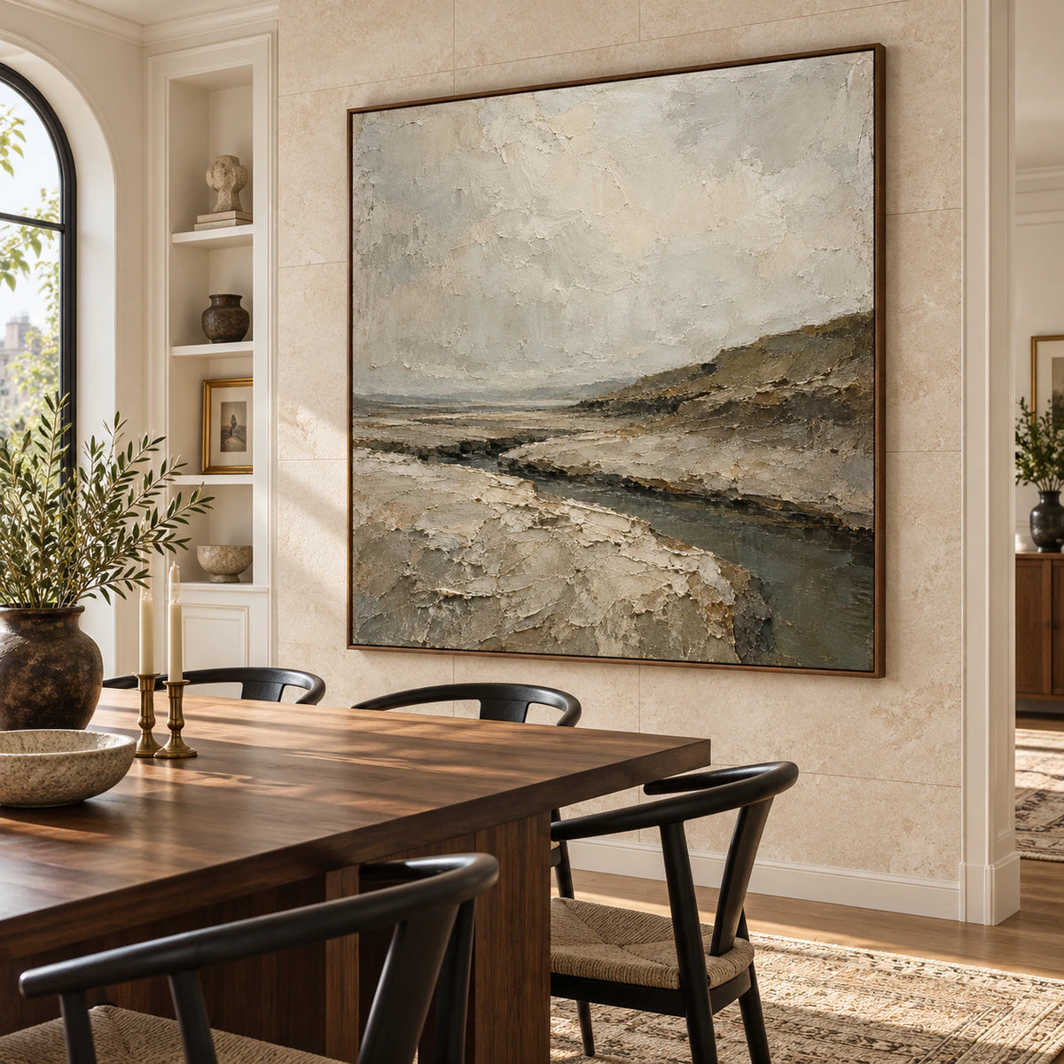 Textured abstract estuary painting in a refined daylight dining room.
