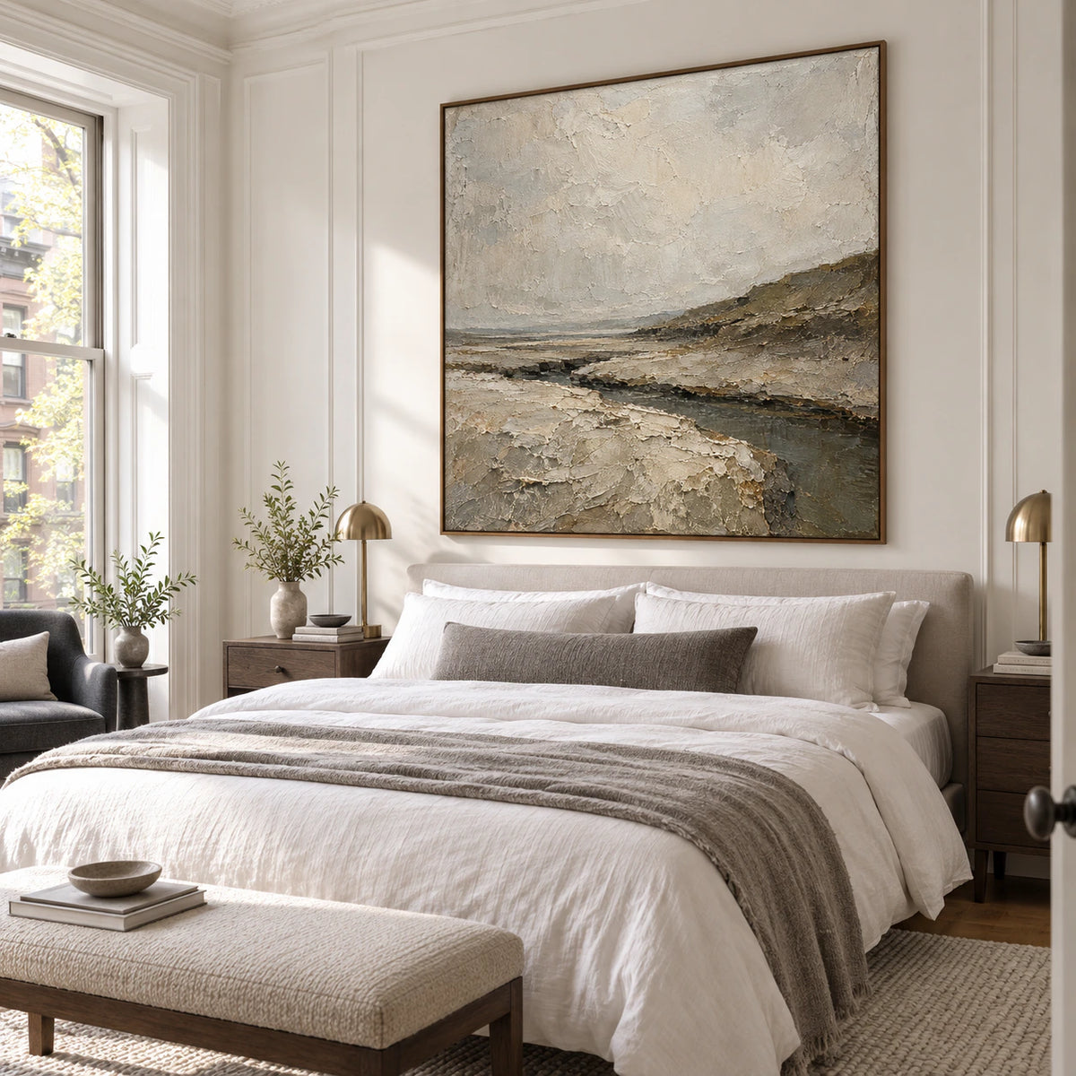 Textured abstract estuary painting as the focal point of a quiet bedroom.