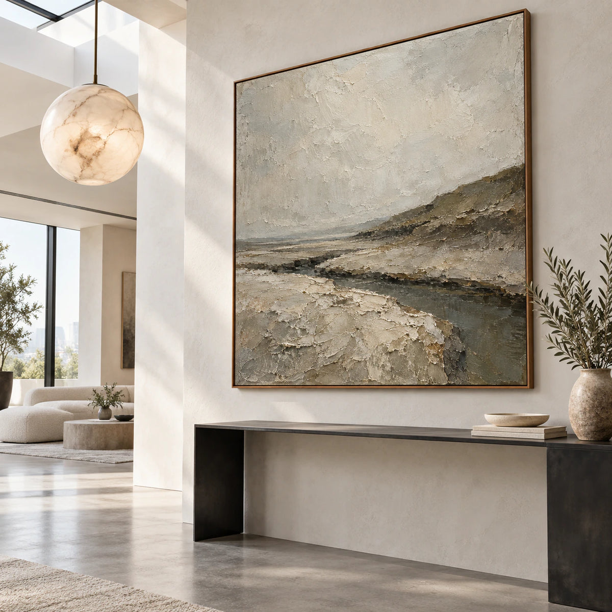 Large textured abstract estuary painting in a gallery-scale foyer.
