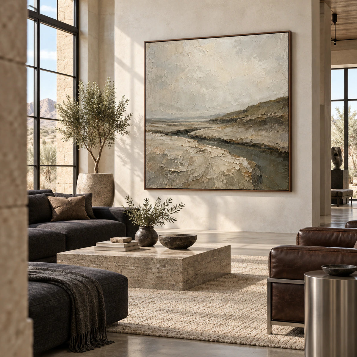 Textured abstract estuary painting as a focal point in an expansive loft hospitality interior.