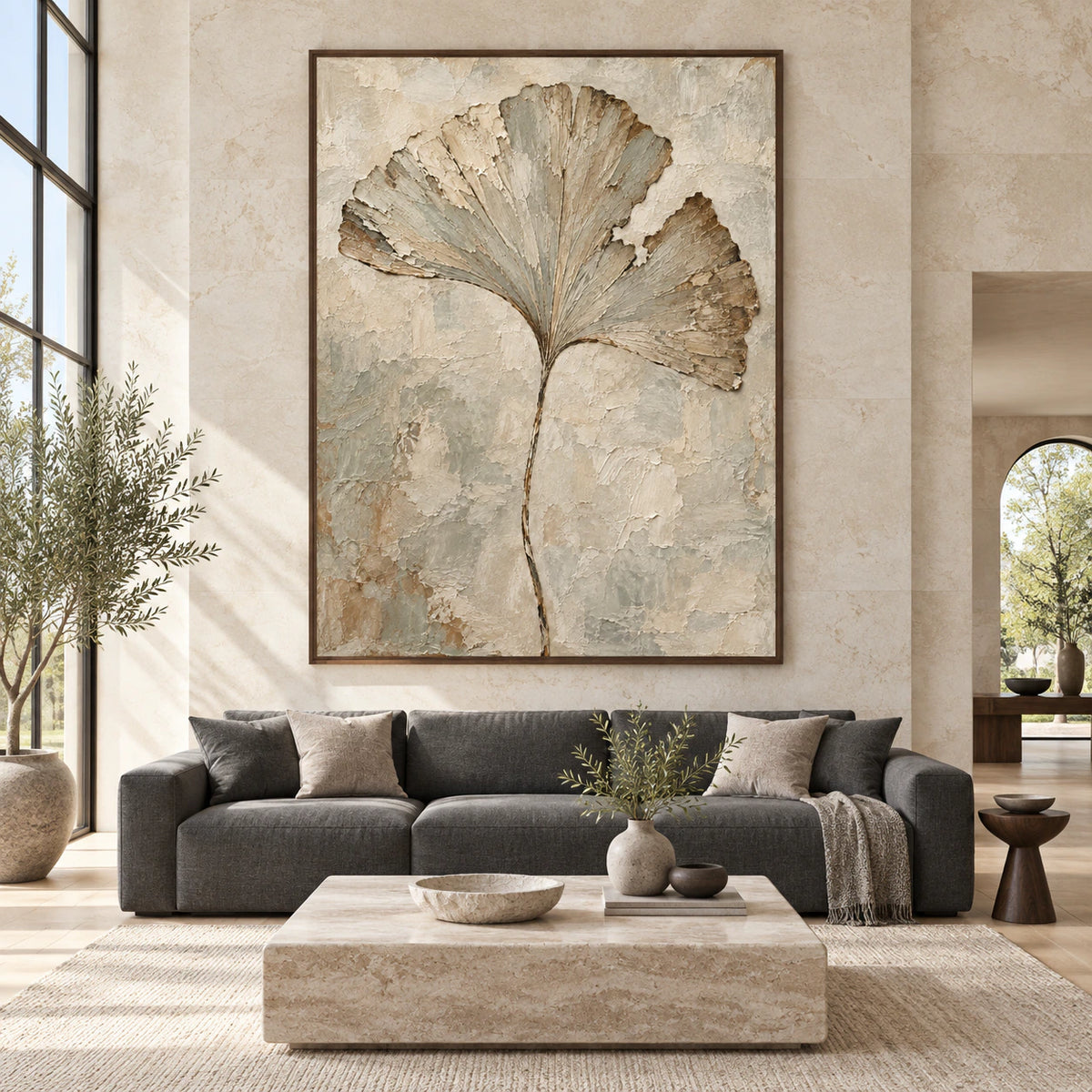 Large vertical botanical artwork displayed straight-on in a bright, spacious architectural living room.
