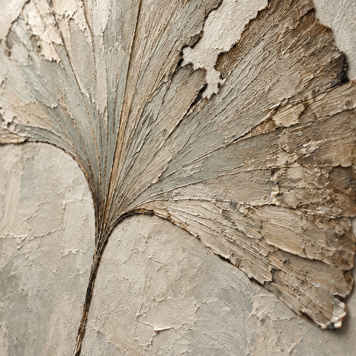 Weathered-Fan oil painting brushwork and impasto detail photographed from an oblique side angle