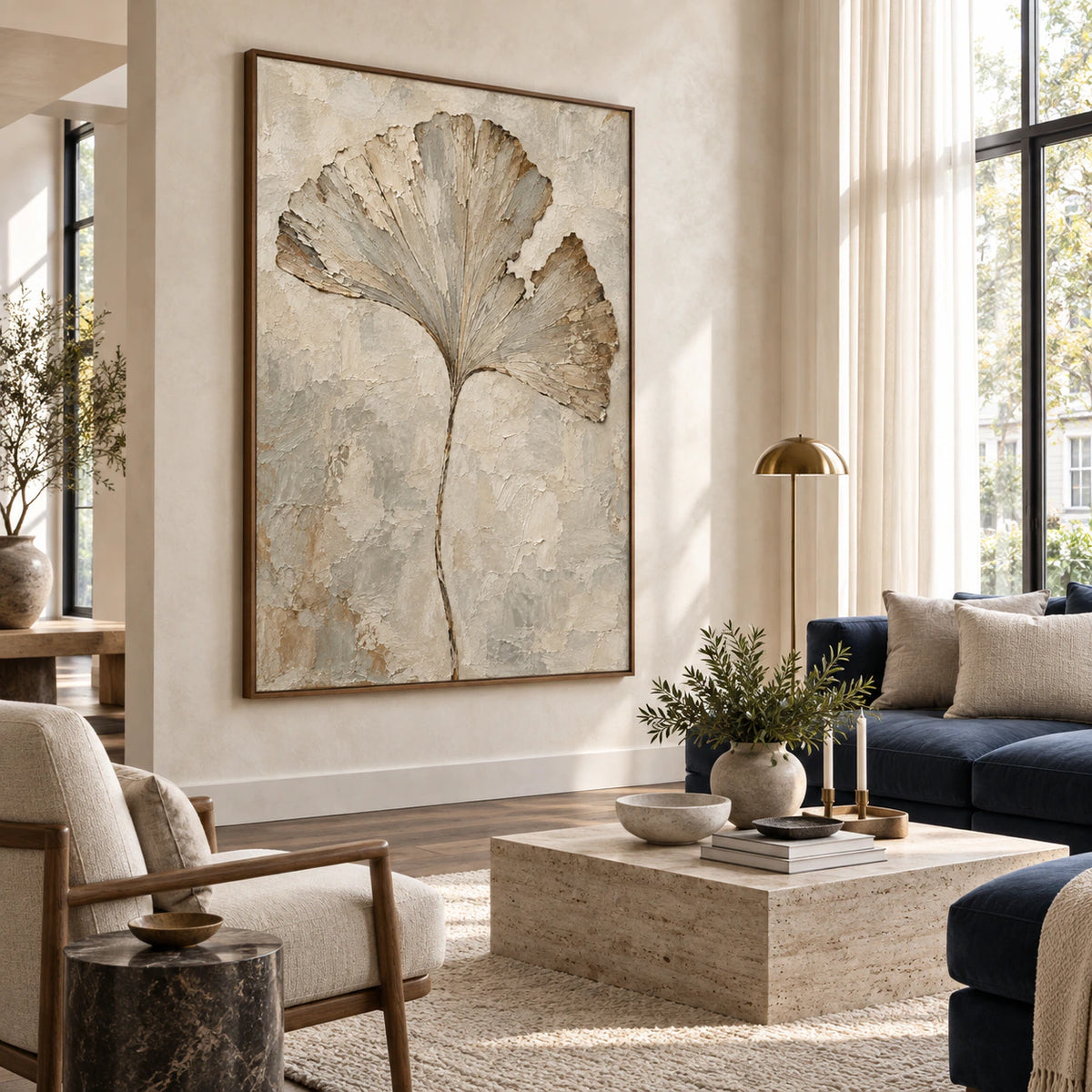 Large vertical botanical artwork above a sofa in a bright contemporary living room.