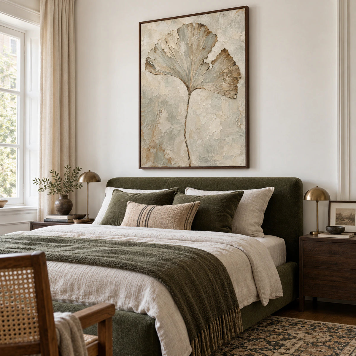 Vertical botanical relief artwork above a low bed in a quiet, light-filled bedroom.