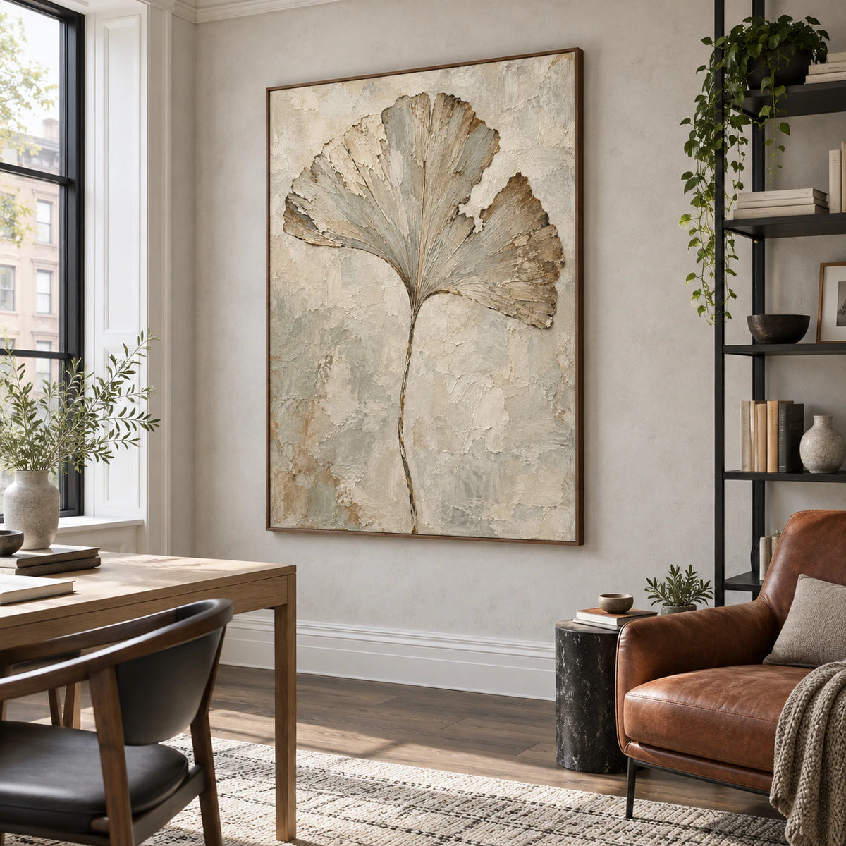 Textured botanical wall art in an airy reading and home-office space.
