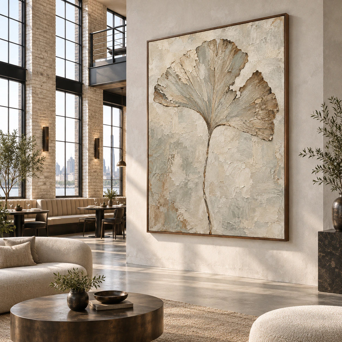 Vertical textured botanical artwork in an expansive sunlit hospitality loft.