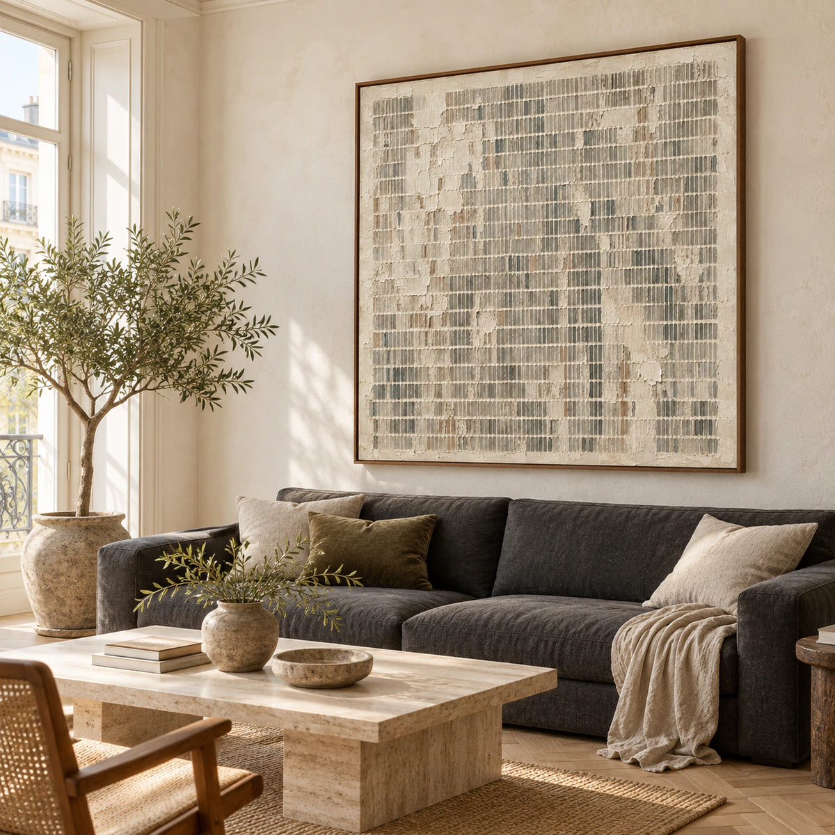 Weathered-Index above a restrained sofa in a bright living room.