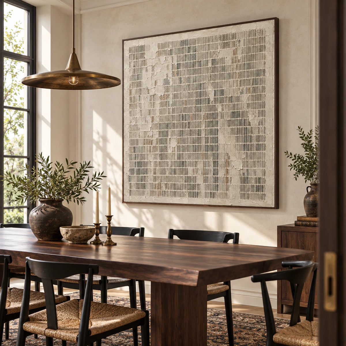 Weathered-Index as the focal artwork in a refined daylight dining room.