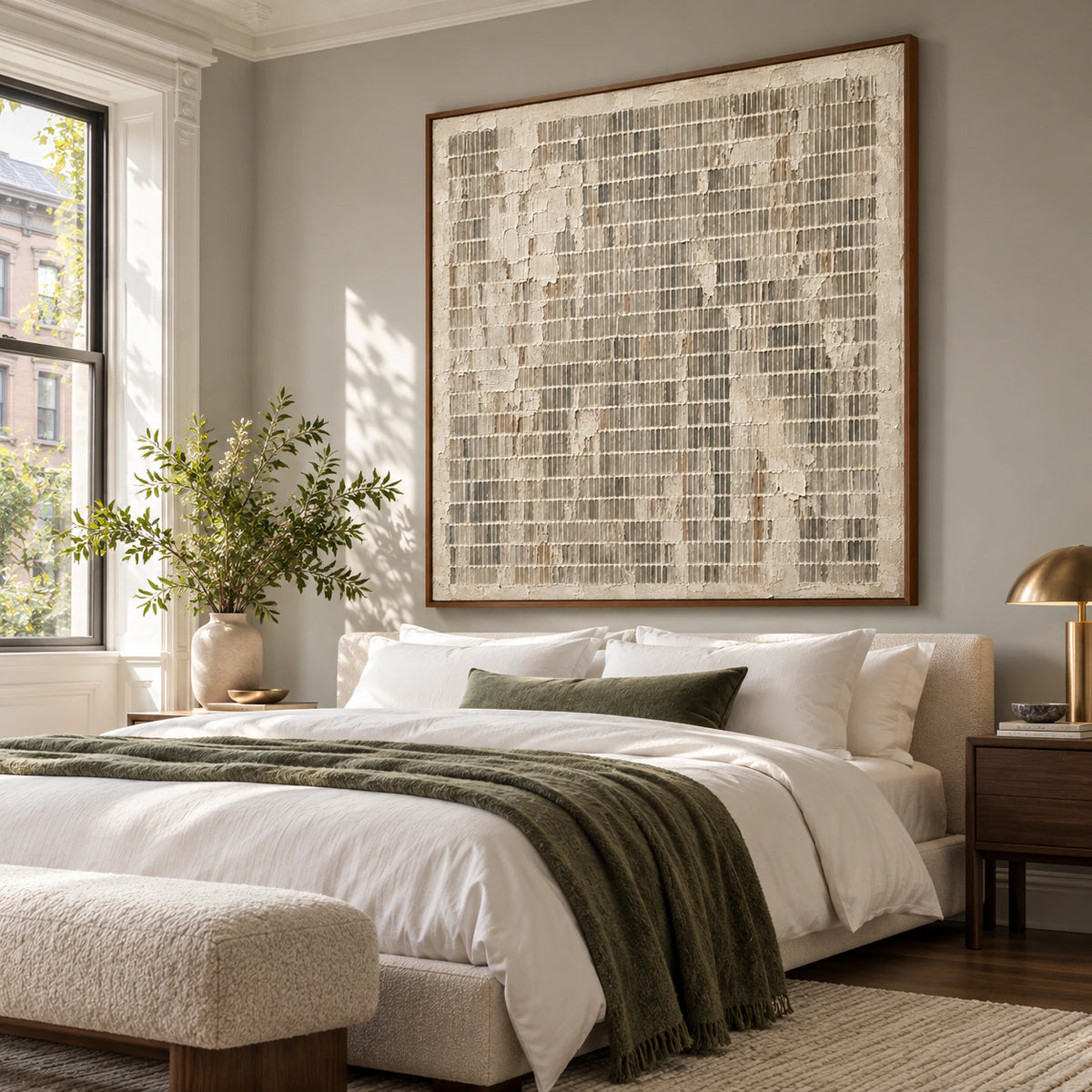Weathered-Index displayed above a low bed in a quiet, softly lit bedroom.