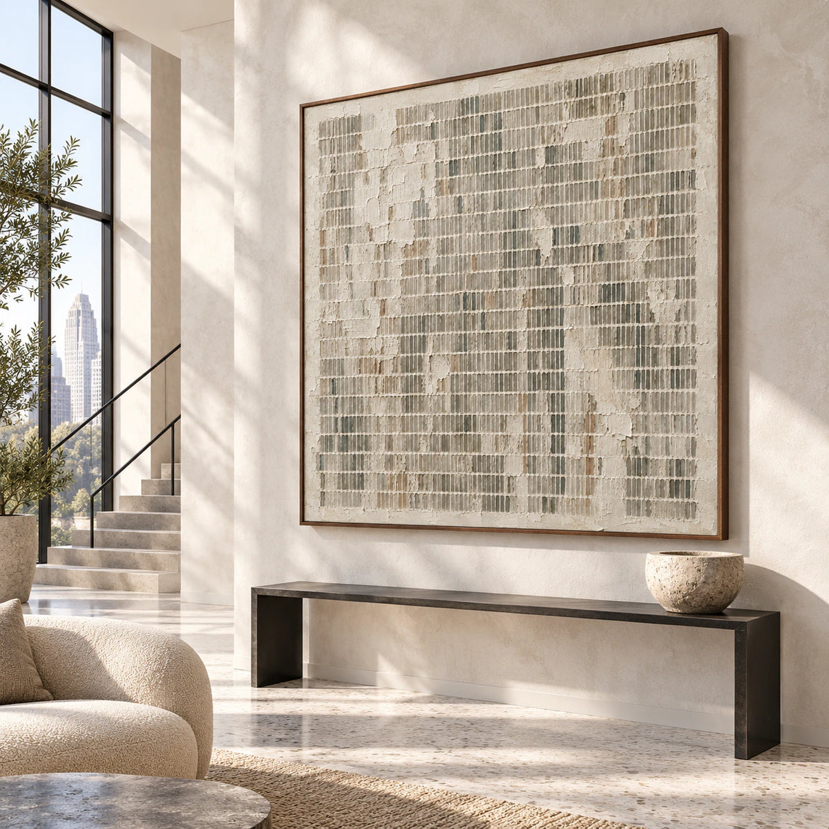 Weathered-Index at gallery scale in a light-filled foyer.