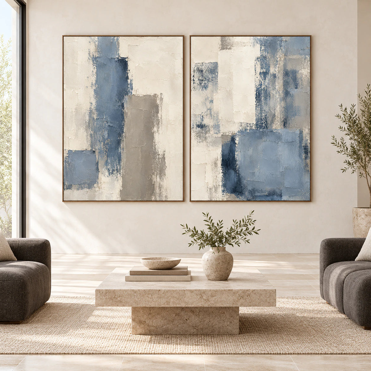 Large straight-on gallery view of the Weathered-Intervals two-canvas textured diptych