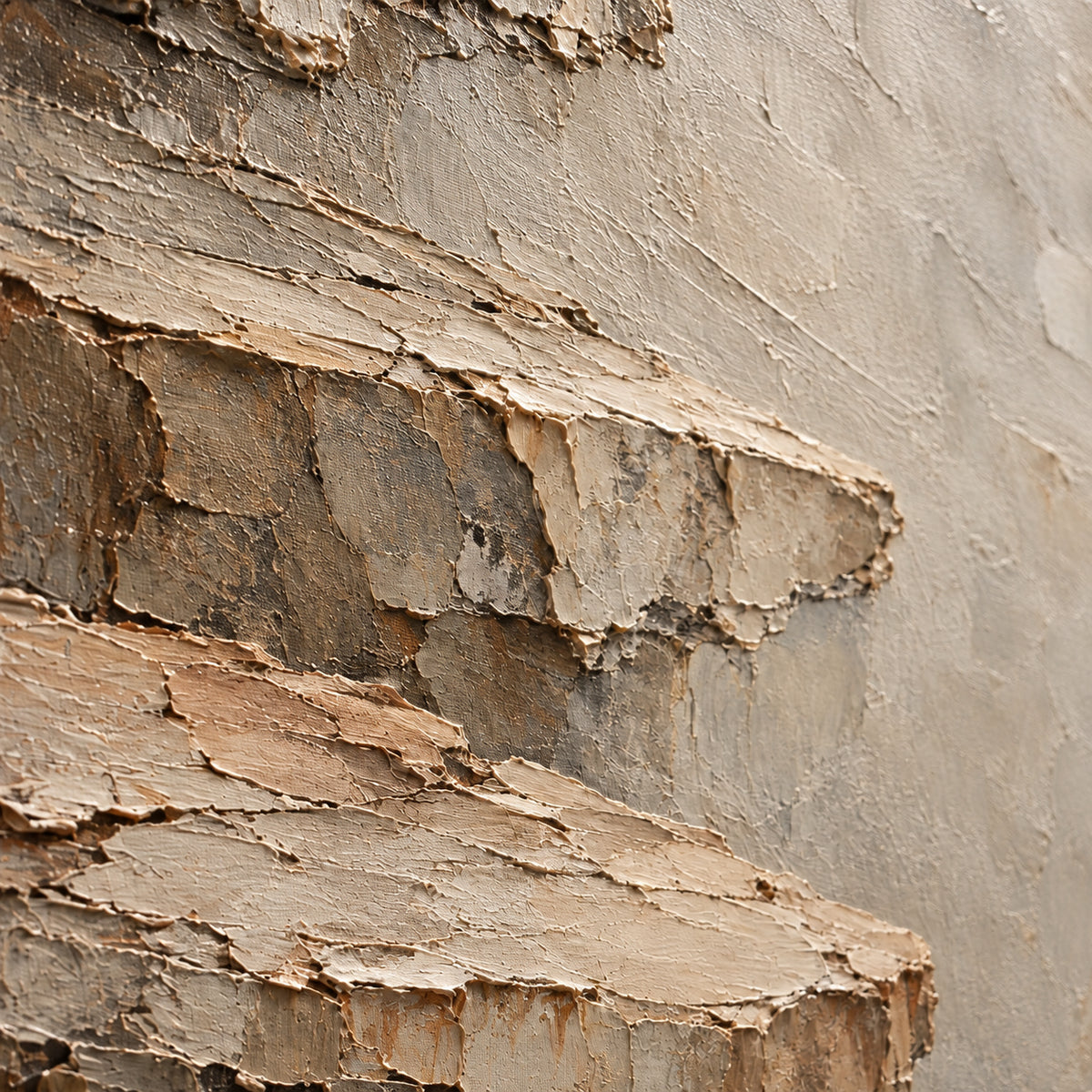 Weathered-Ledge oil painting brushwork and impasto detail photographed from an oblique side angle