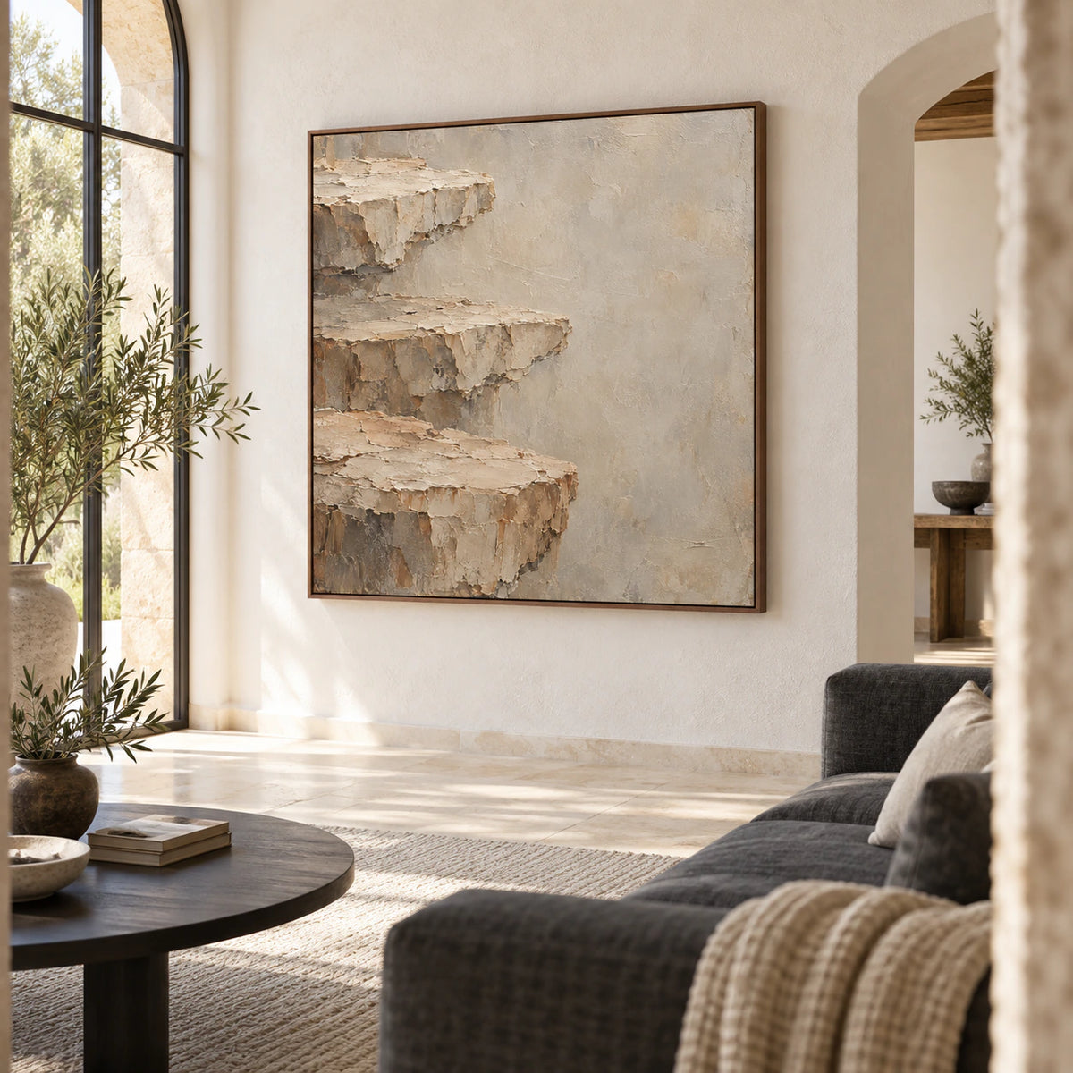 Weathered-Ledge as the focal artwork in a bright contemporary living room.