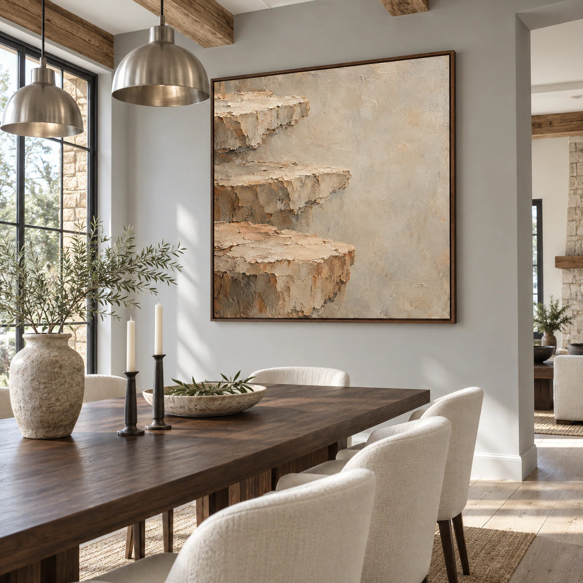 Weathered-Ledge displayed above a refined dining setting in natural daylight.