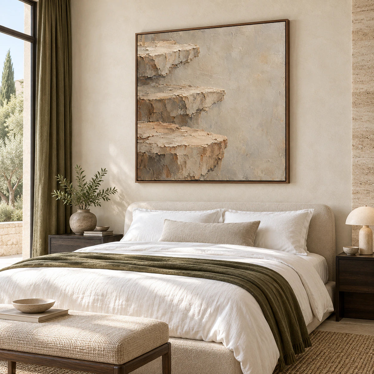 Weathered-Ledge creating a quiet focal point in a softly lit bedroom.